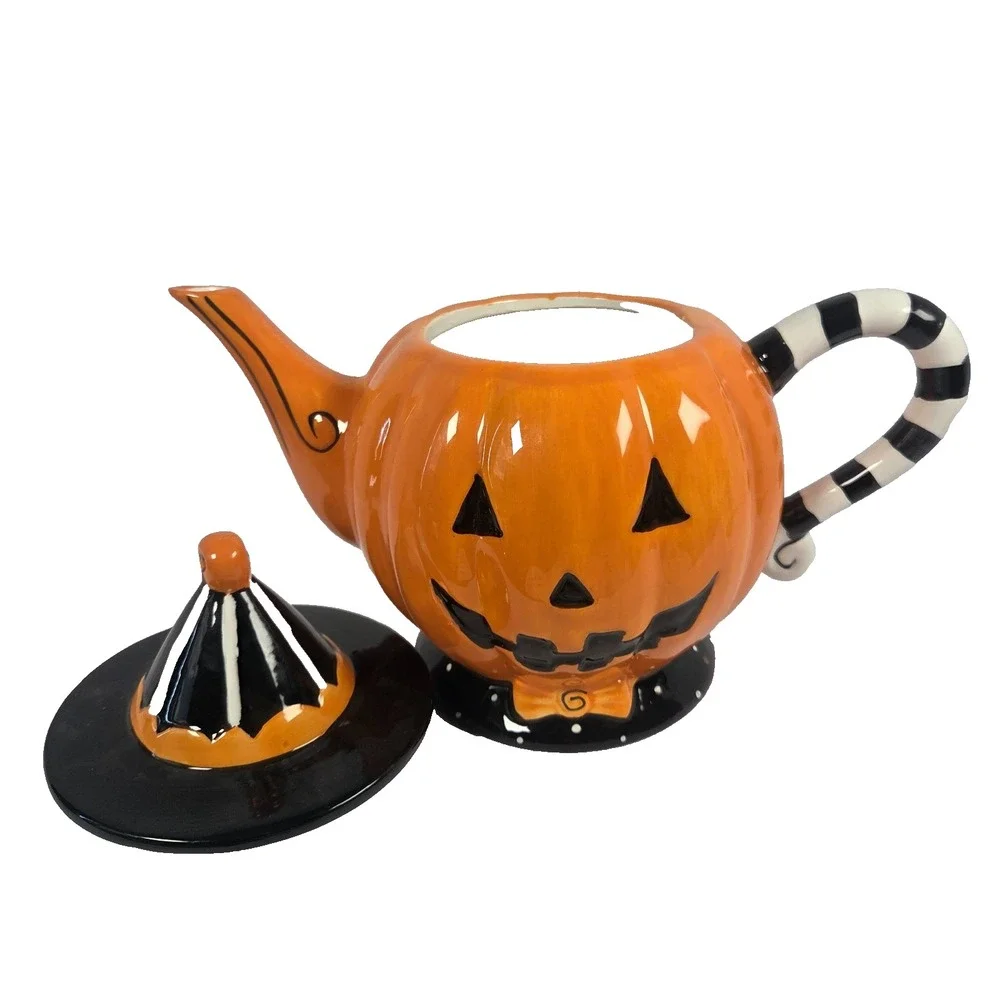 Broomstick BLVD Pumpkin Teapot 11 Inch Orange Jack O Lantern Halloween Ceramic
